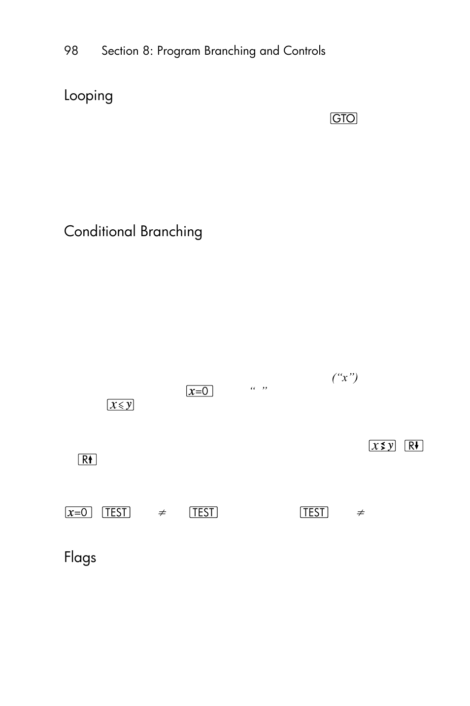 Looping, Conditional branching, Flags | HP 15c User Manual | Page 98 / 288