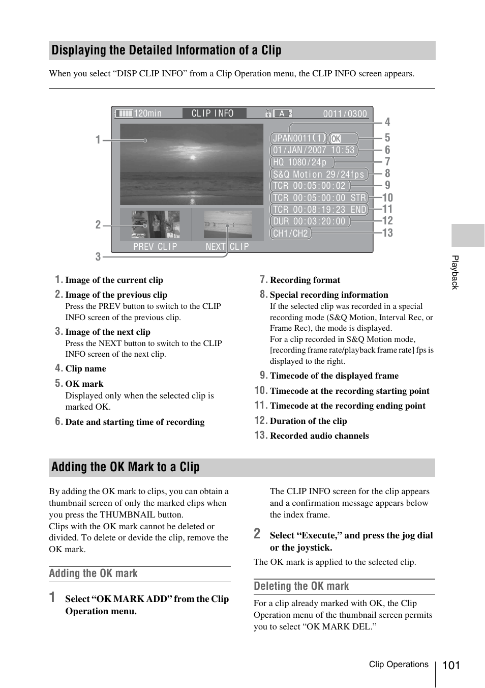 Displaying the detailed information of a clip, Adding the ok mark to a clip | Sony PMW-EX3 User Manual | Page 101 / 162