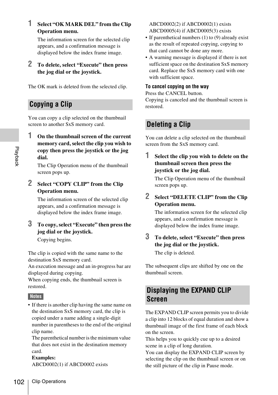 Copying a clip, Deleting a clip, Displaying the expand clip screen | Sony PMW-EX3 User Manual | Page 102 / 162