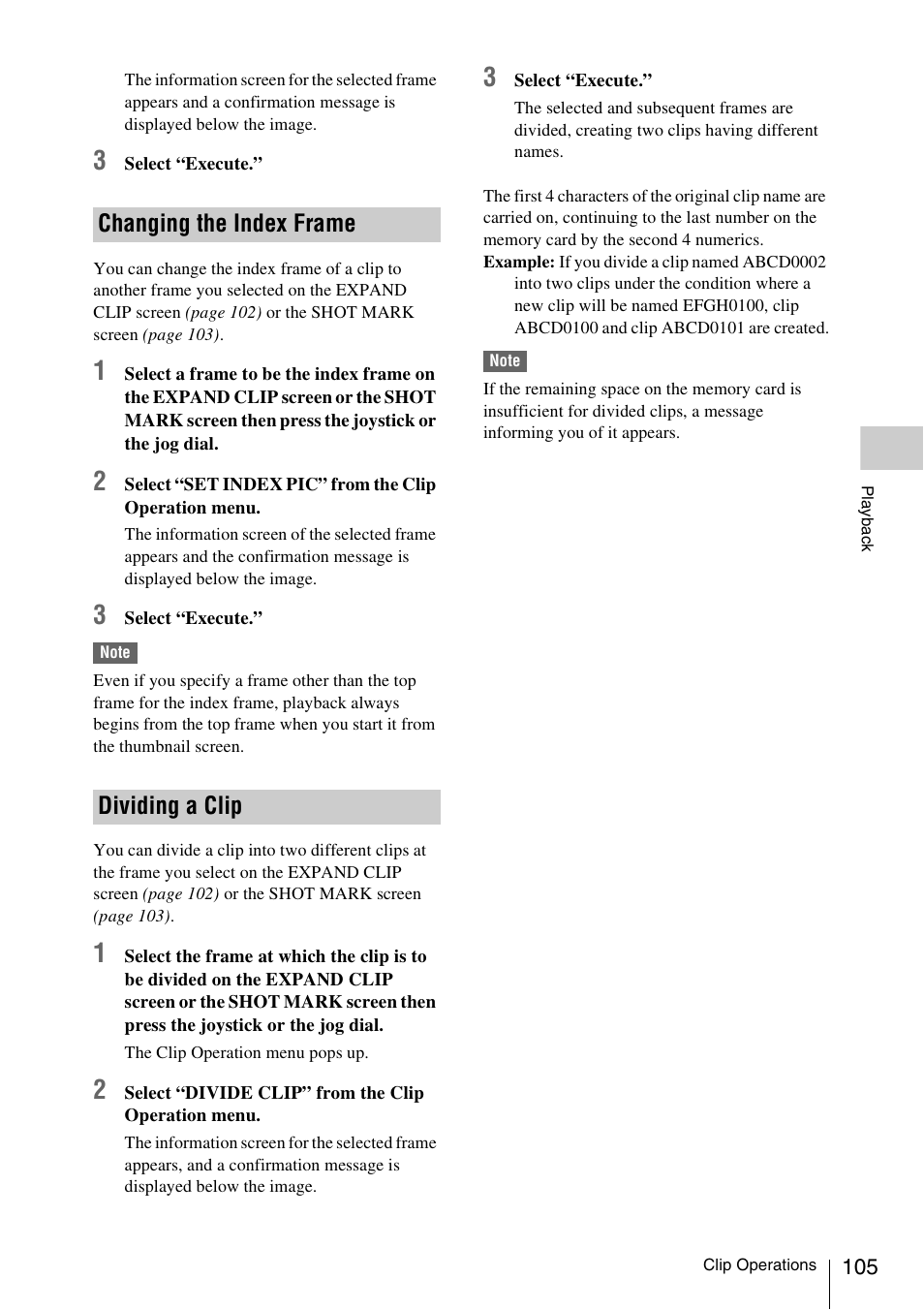 Changing the index frame, Dividing a clip, Changing the index frame dividing a clip | Sony PMW-EX3 User Manual | Page 105 / 162