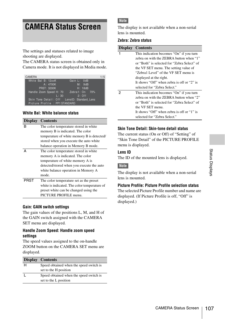 Camera status screen | Sony PMW-EX3 User Manual | Page 107 / 162