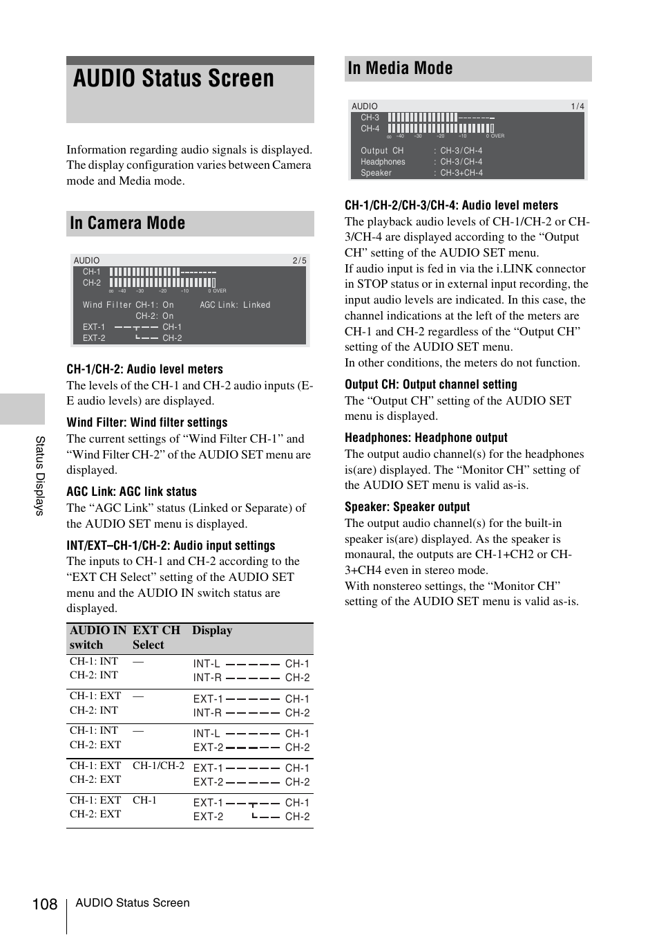 Audio status screen, In camera mode, In media mode | In camera mode in media mode | Sony PMW-EX3 User Manual | Page 108 / 162