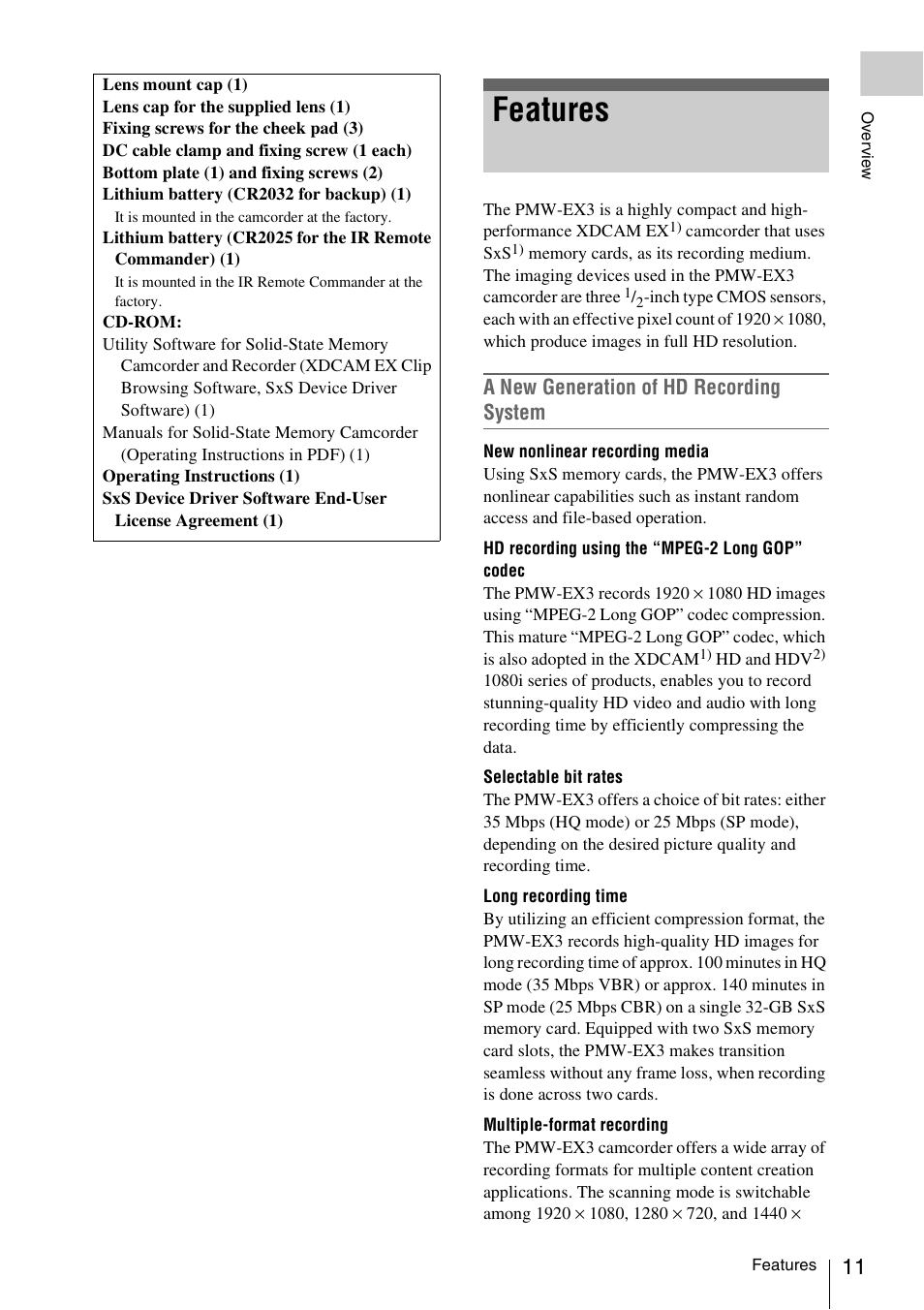 Features, A new generation of hd recording system | Sony PMW-EX3 User Manual | Page 11 / 162