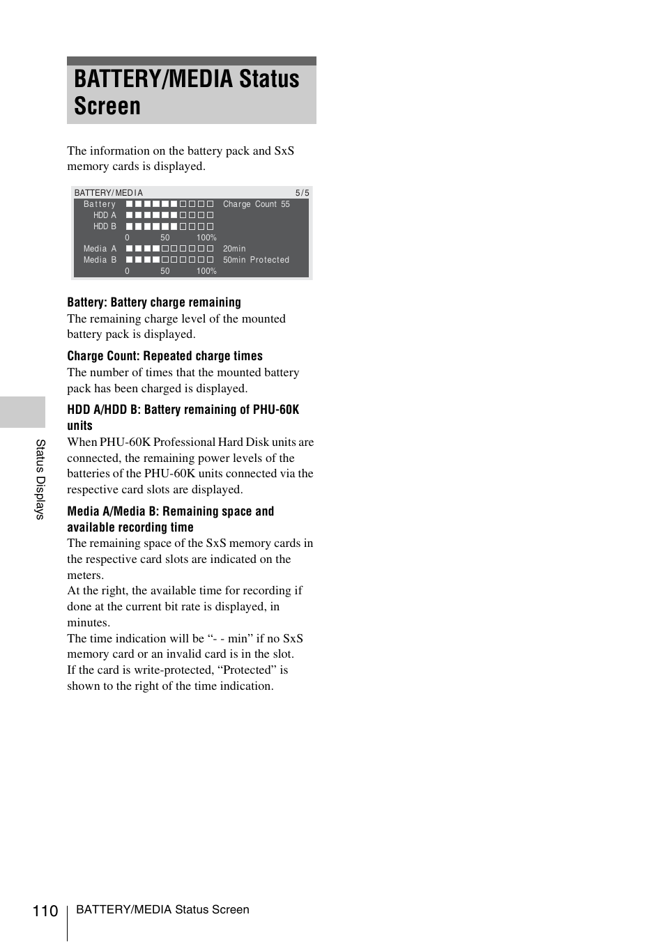 Battery/media status screen | Sony PMW-EX3 User Manual | Page 110 / 162