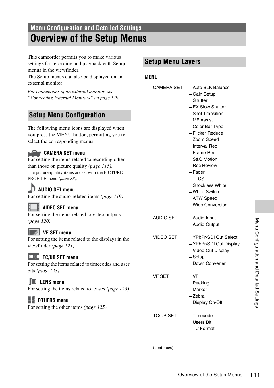 Menu configuration and detailed settings, Overview of the setup menus, Setup menu configuration | Setup menu layers, Setup menu configuration setup menu layers | Sony PMW-EX3 User Manual | Page 111 / 162