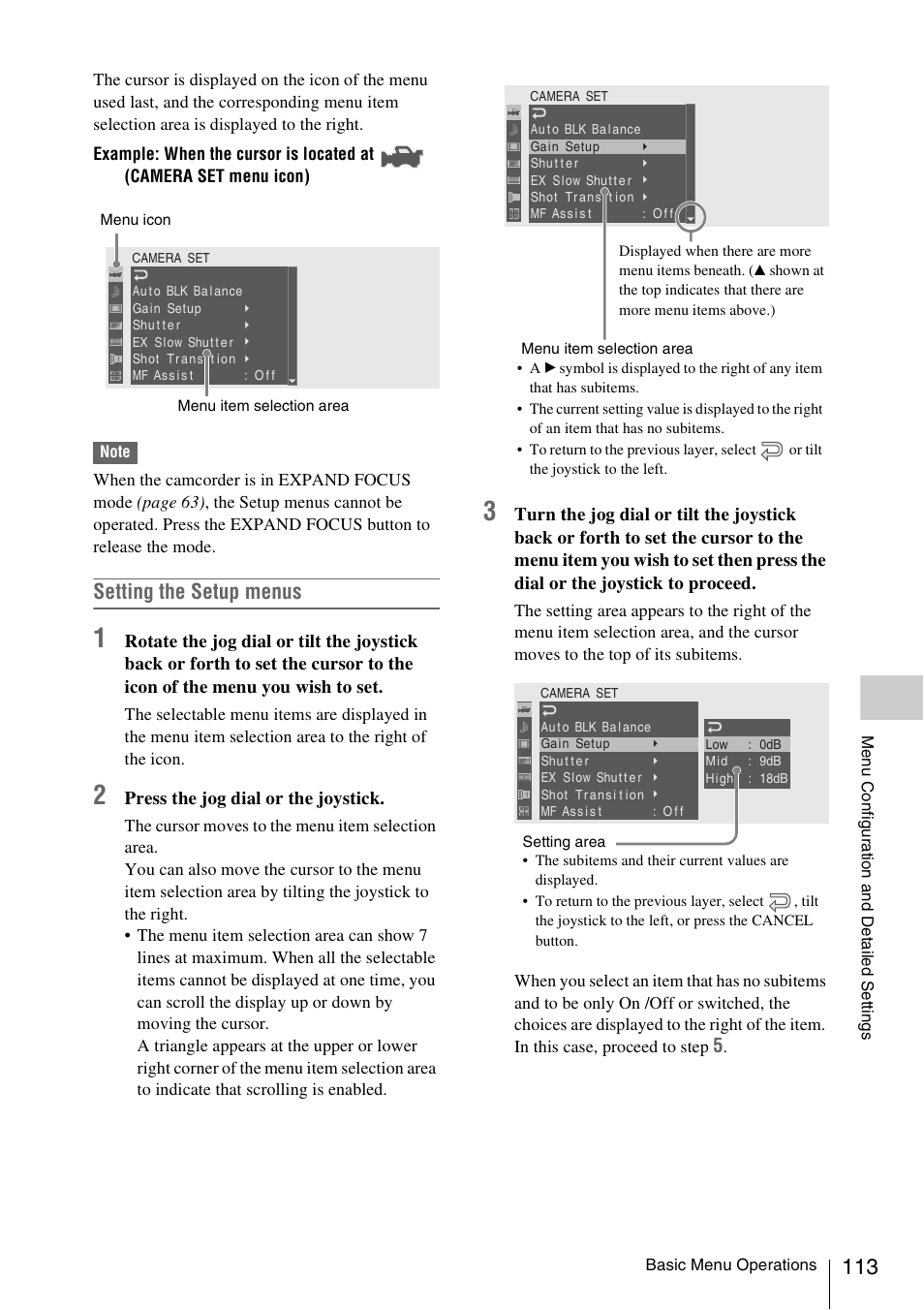 Setting the setup menus, Press the jog dial or the joystick | Sony PMW-EX3 User Manual | Page 113 / 162