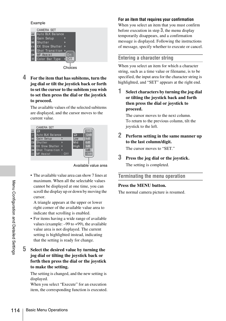 Entering a character string, Terminating the menu operation, Press the jog dial or the joystick | Press the menu button | Sony PMW-EX3 User Manual | Page 114 / 162