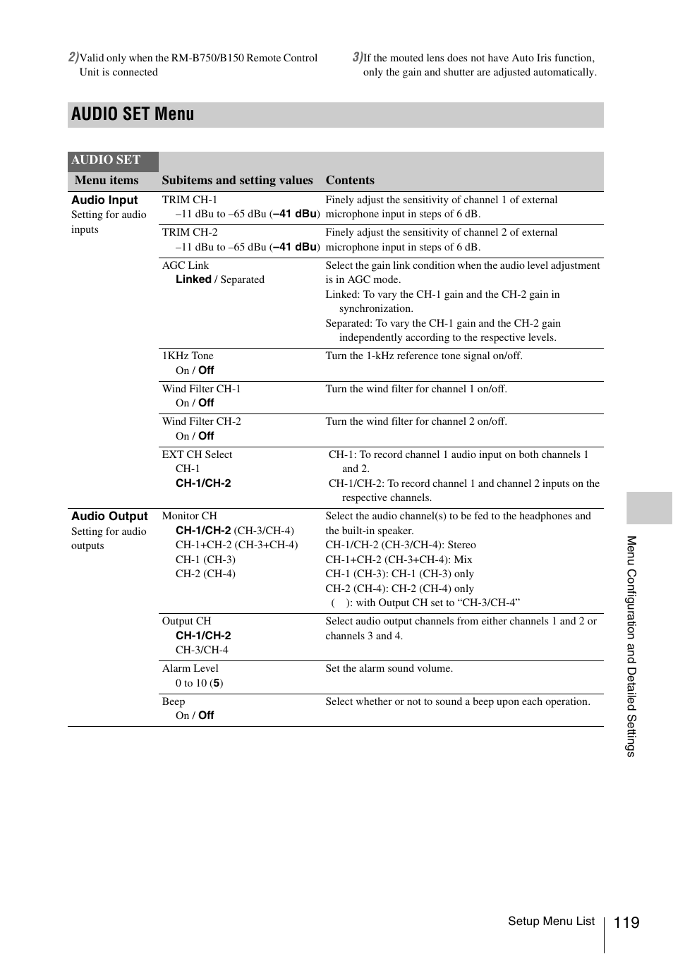 Audio set menu | Sony PMW-EX3 User Manual | Page 119 / 162