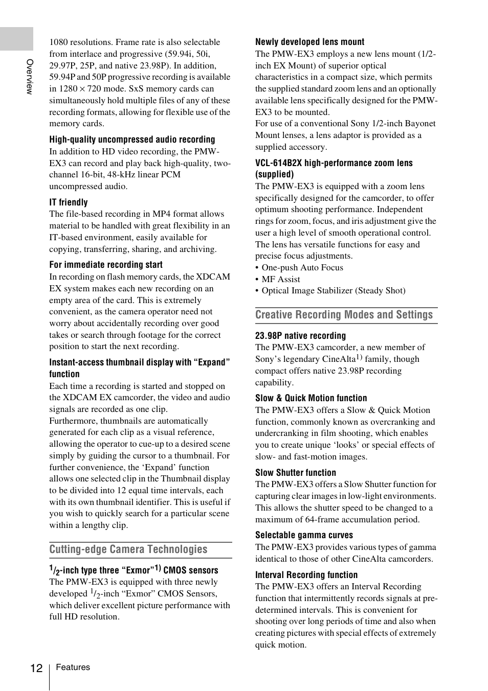 Cutting-edge camera technologies, Creative recording modes and settings | Sony PMW-EX3 User Manual | Page 12 / 162