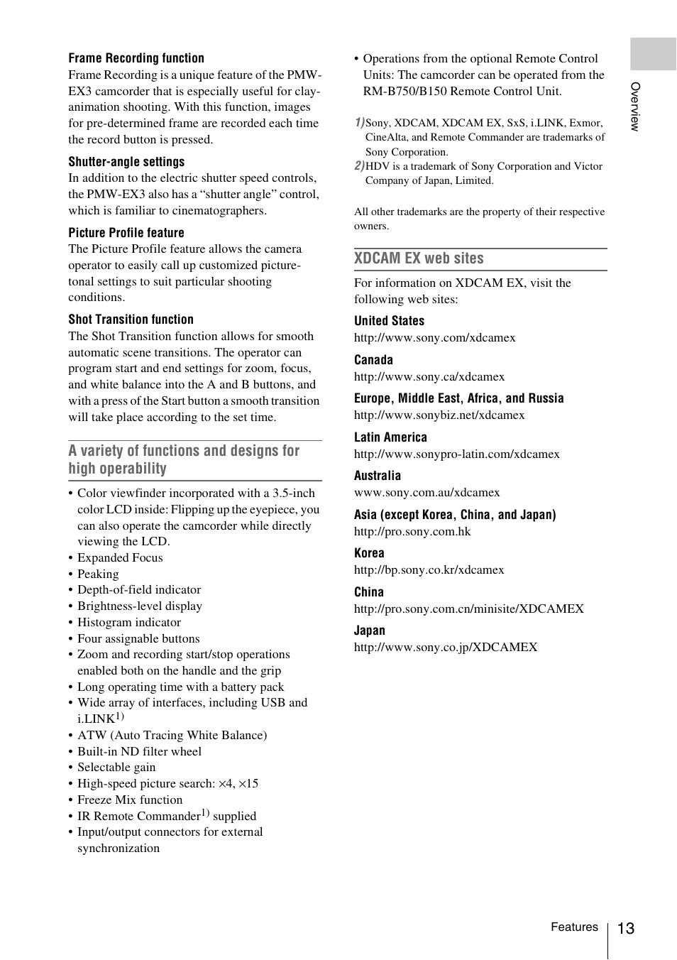 Xdcam ex web sites | Sony PMW-EX3 User Manual | Page 13 / 162