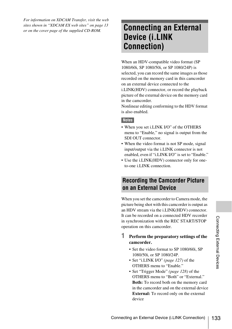 Connecting an external device (i.link connection), Recording the camcorder picture on an external, Device | Sony PMW-EX3 User Manual | Page 133 / 162