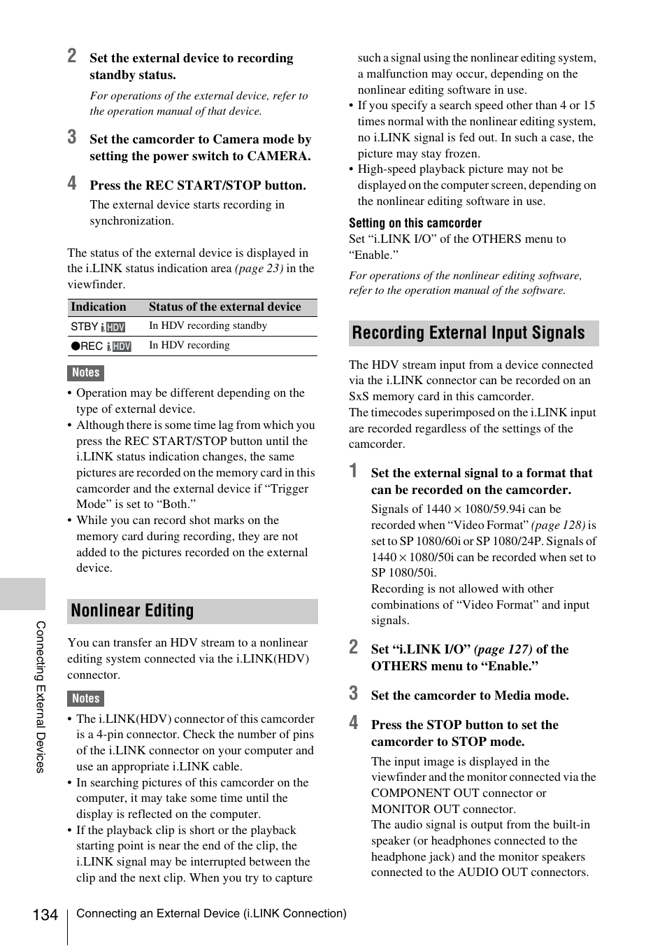 Nonlinear editing, Recording external input signals, Nonlinear editing recording external input signals | Sony PMW-EX3 User Manual | Page 134 / 162