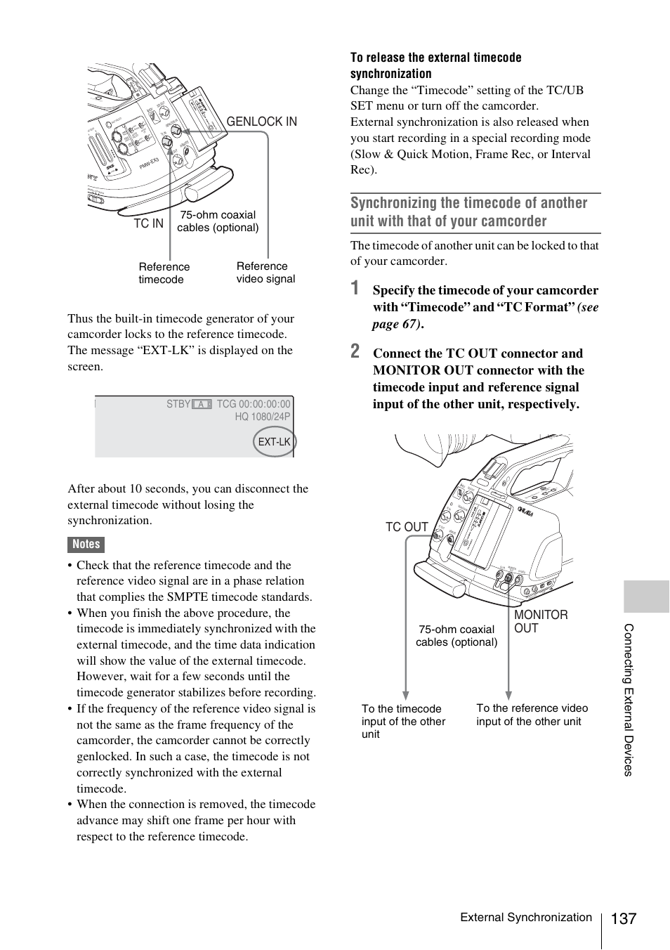 Genlock in tc in, Monitor out tc out, External synchronization | Conn ec ti ng ex te rn al de v ic e s, Tc/u -bit/d urat ion | Sony PMW-EX3 User Manual | Page 137 / 162