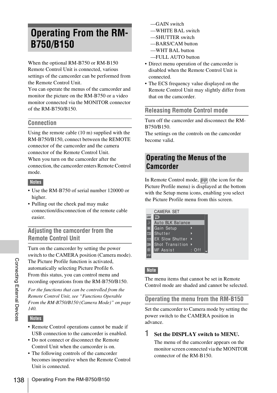 Operating from the rm- b750/b150, Operating the menus of the camcorder, Operating from the rm-b750/b150 | Connection, Releasing remote control mode, Operating the menu from the rm-b150 | Sony PMW-EX3 User Manual | Page 138 / 162