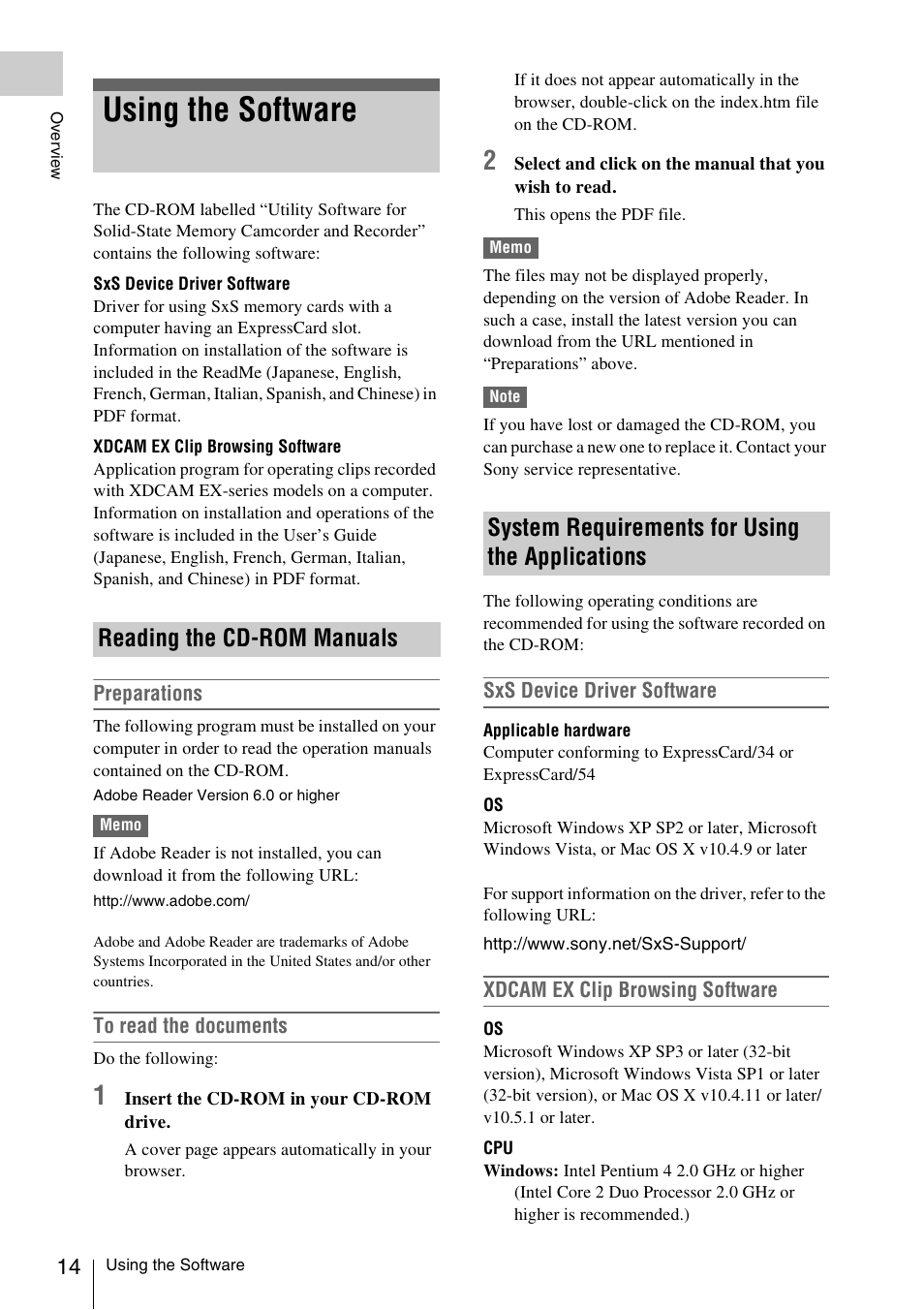 Using the software, Reading the cd-rom manuals, System requirements for using the applications | Sony PMW-EX3 User Manual | Page 14 / 162