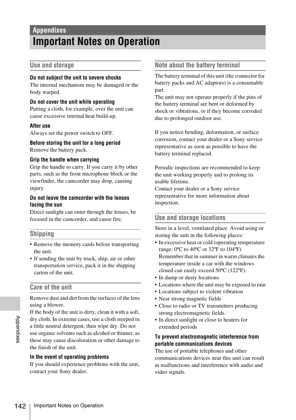 Appendixes, Important notes on operation | Sony PMW-EX3 User Manual | Page 142 / 162