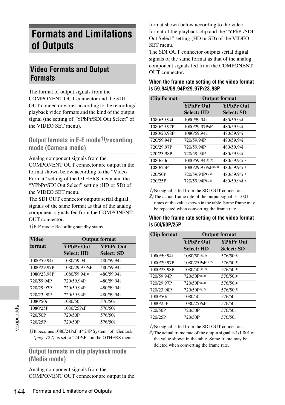 Formats and limitations of outputs, Video formats and output formats, Output formats in e-e mode | Recording mode (camera mode), Output formats in clip playback mode (media mode) | Sony PMW-EX3 User Manual | Page 144 / 162