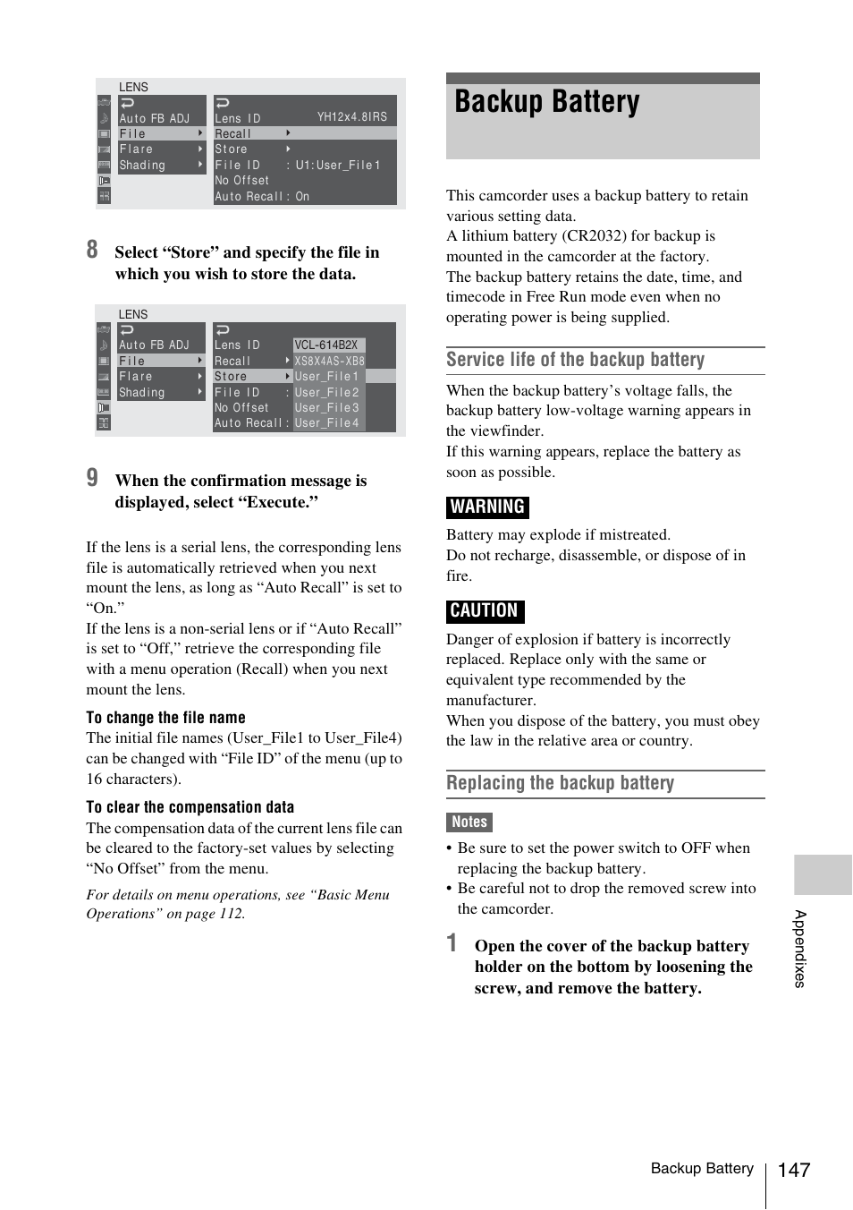 Backup battery, Service life of the backup battery, Replacing the backup battery | Warning caution | Sony PMW-EX3 User Manual | Page 147 / 162