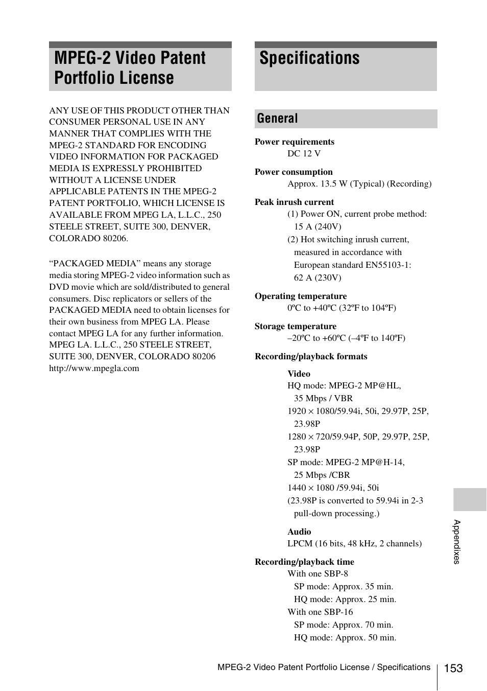 Mpeg-2 video patent portfolio license, Specifications, General | Sony PMW-EX3 User Manual | Page 153 / 162