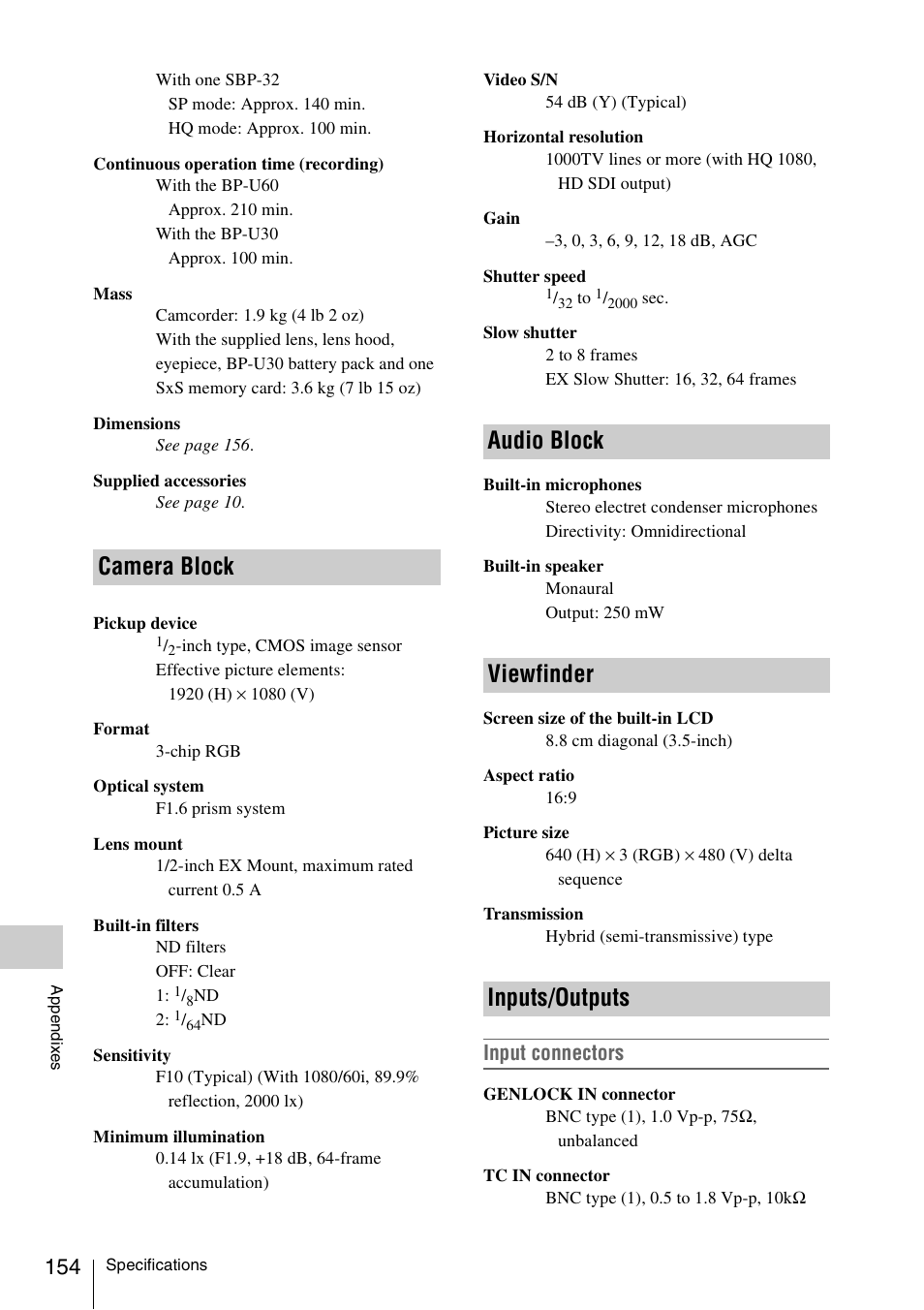 Camera block, Audio block, Viewfinder | Inputs/outputs, Camera block audio block viewfinder inputs/outputs, Input connectors | Sony PMW-EX3 User Manual | Page 154 / 162