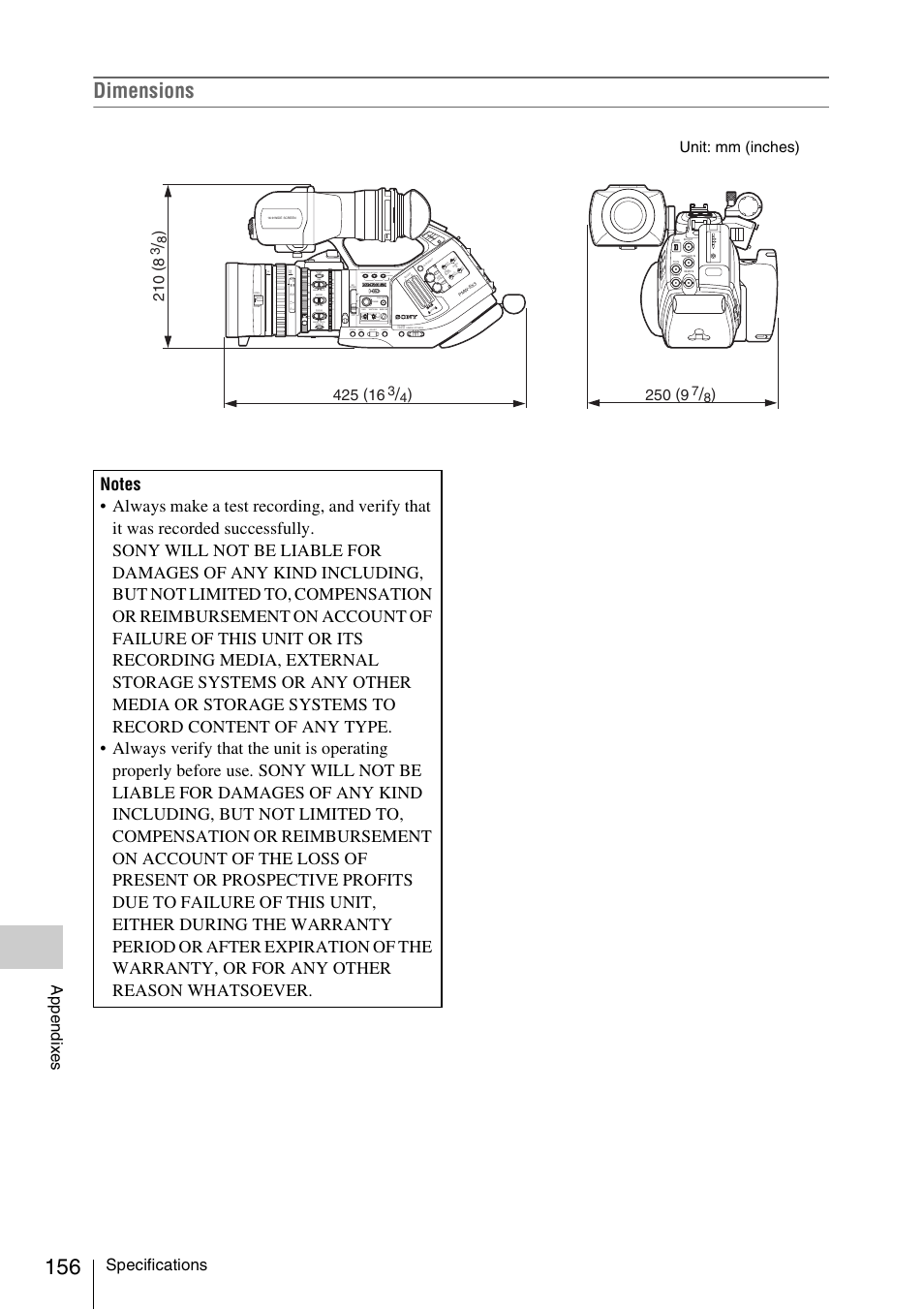 Dimensions, Specifications, Appe ndix e s | Unit: mm (inches), 12 3 lens info brt disp assign, Au to manu al int ext au to manu al int ext, Histogram, Manu auto, Push af, Steady shot | Sony PMW-EX3 User Manual | Page 156 / 162