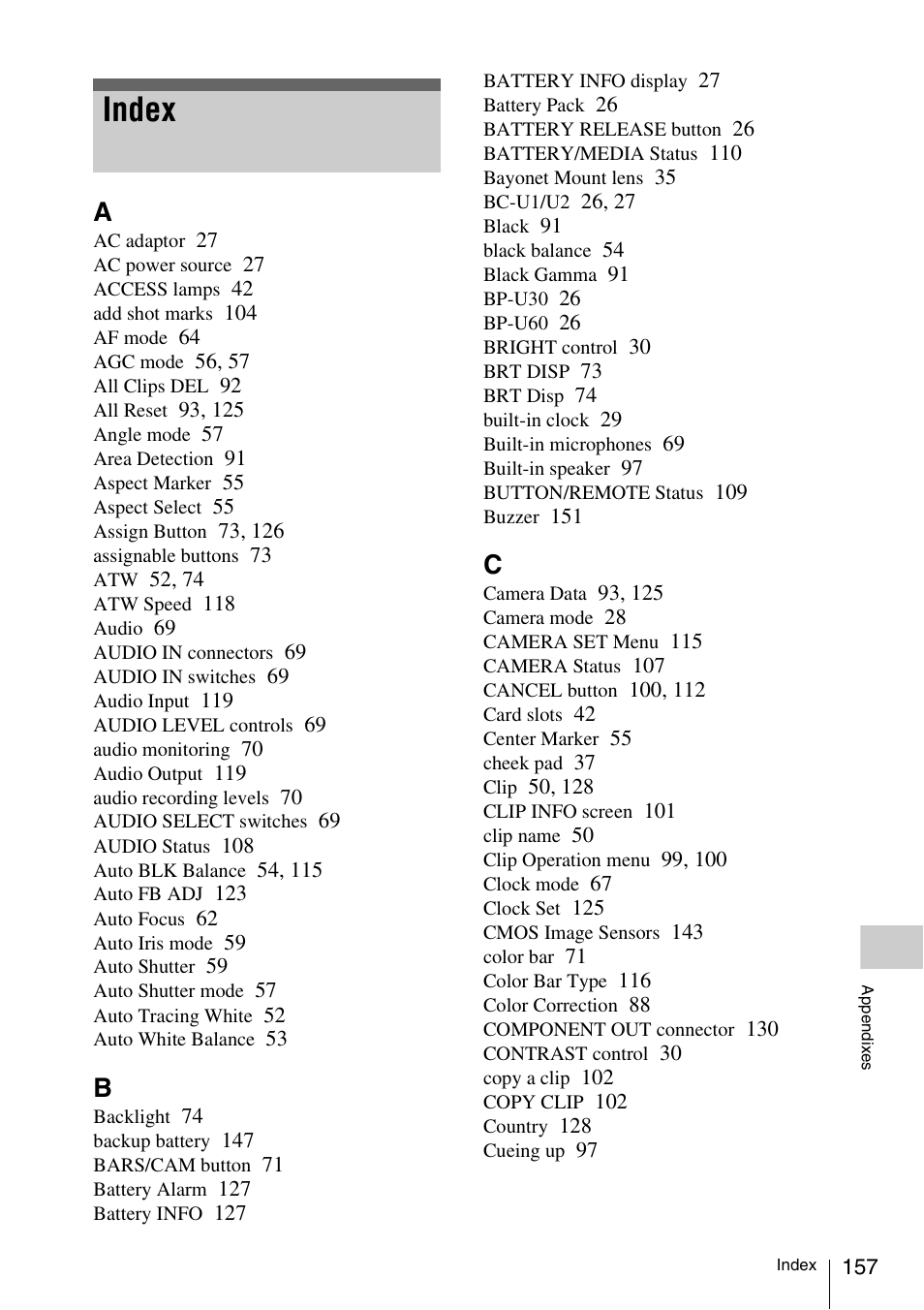 Index | Sony PMW-EX3 User Manual | Page 157 / 162