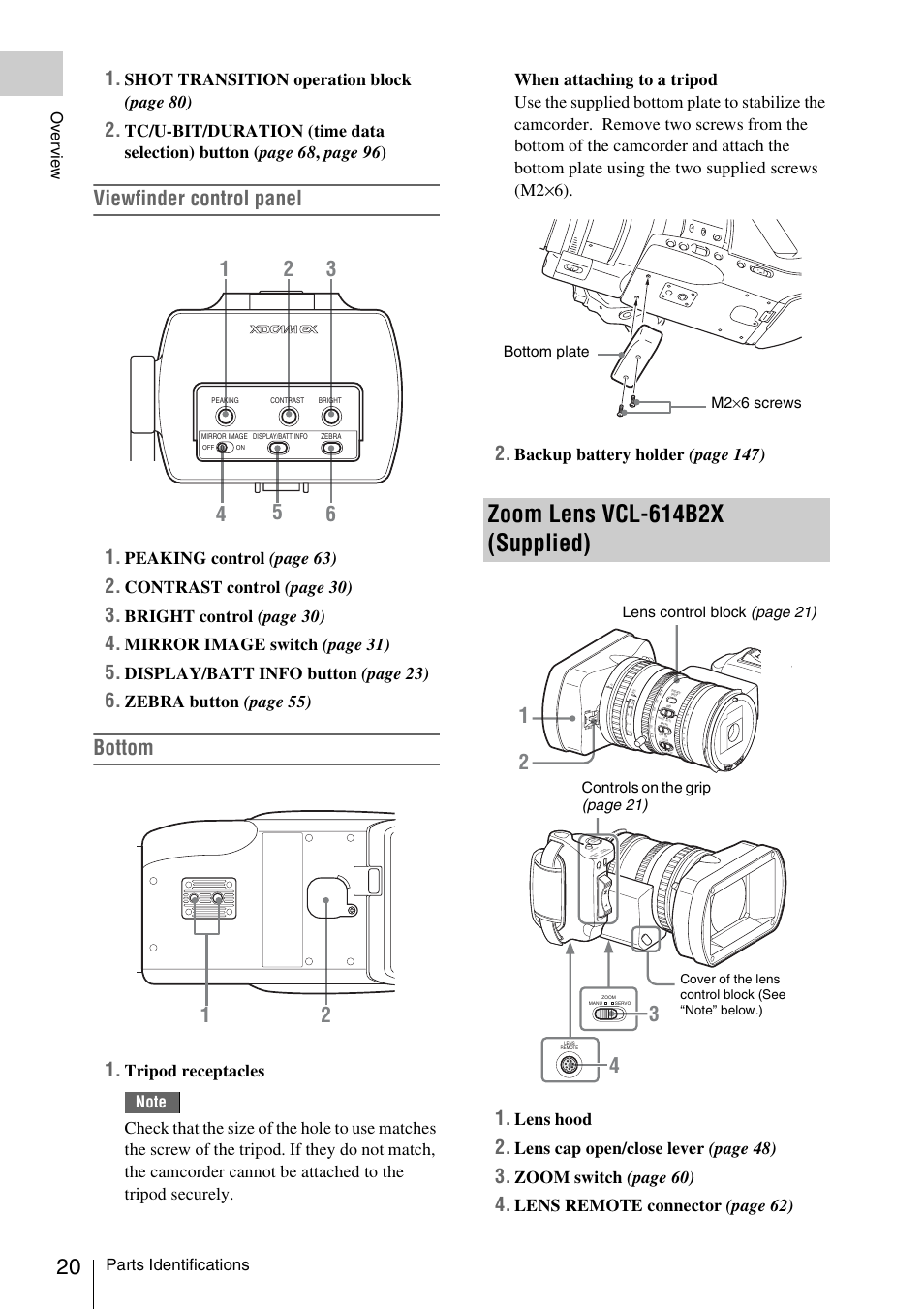Zoom lens vcl-614b2x (supplied), Viewfinder control panel, Bottom | Shot transition operation block (page 80), Peaking control (page 63), Contrast contro l (page 30), Bright control (page 30), Mirror image switch (page 31), Display/batt info button (page 23), Zebra button (page 55) | Sony PMW-EX3 User Manual | Page 20 / 162