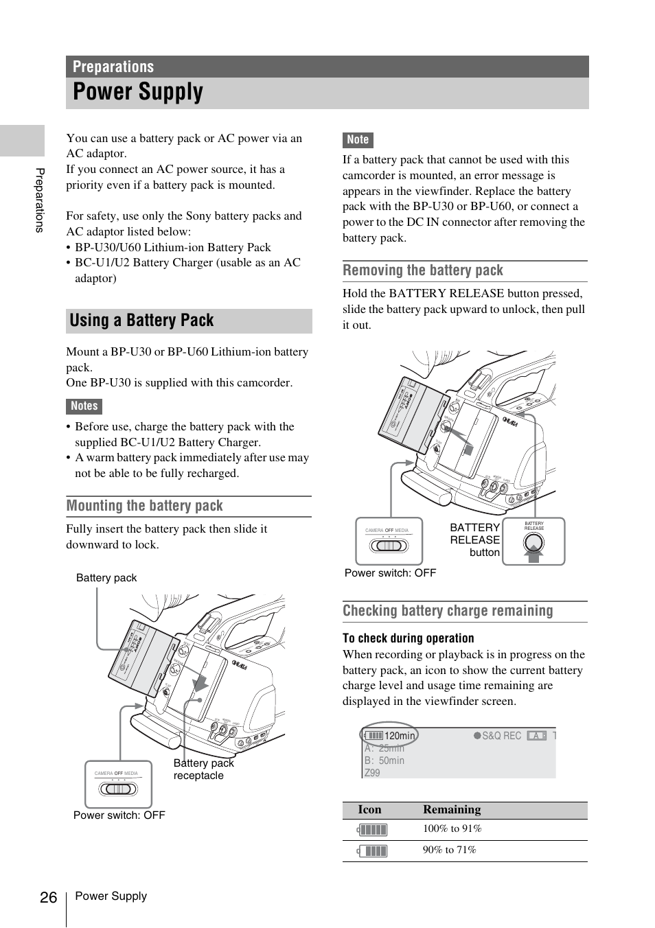 Preparations, Power supply, Using a battery pack | Mounting the battery pack, Removing the battery pack, Checking battery charge remaining, Icon remaining, Prepa ra ti ons | Sony PMW-EX3 User Manual | Page 26 / 162