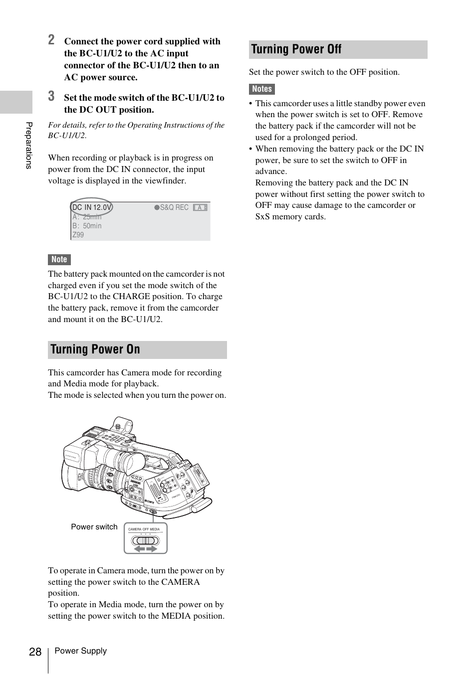 Turning power on, Turning power off, Turning power on turning power off | Power supply, Prepa ra ti ons | Sony PMW-EX3 User Manual | Page 28 / 162