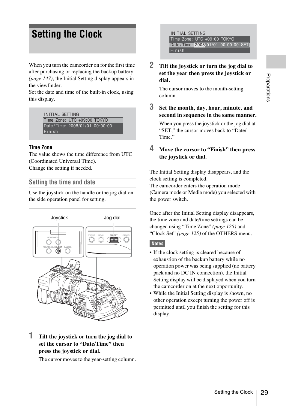 Setting the clock, Setting the time and date, The cursor moves to the year-setting column | The cursor moves to the month-setting column, Prepa ra ti ons | Sony PMW-EX3 User Manual | Page 29 / 162