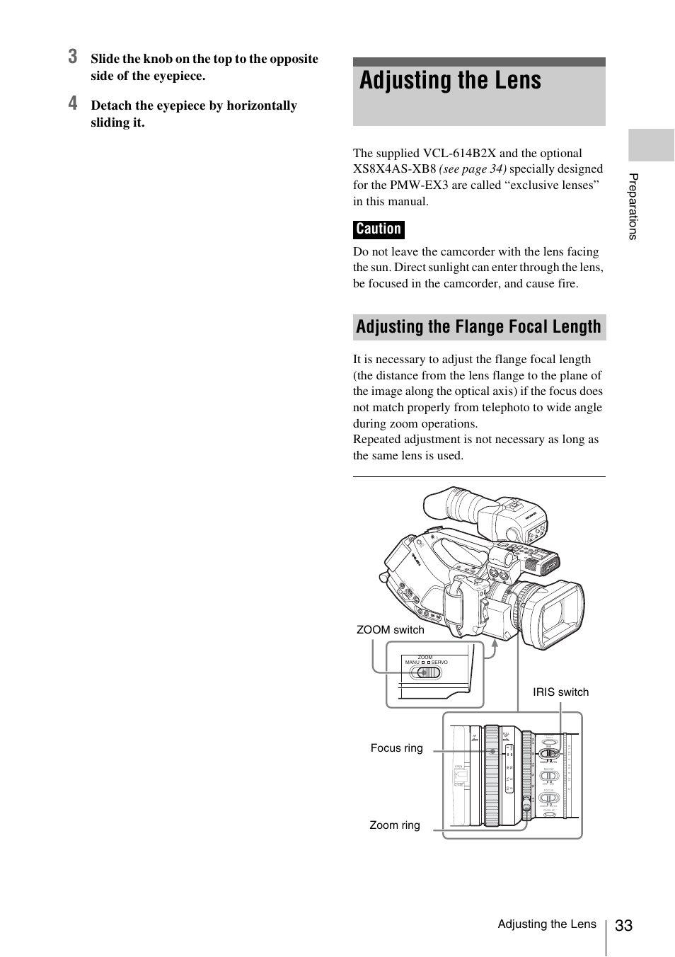 Adjusting the lens, Adjusting the flange focal length, Caution | Detach the eyepiece by horizontally sliding it, Prepa ra ti ons, Iris switch zoom switch focus ring zoom ring | Sony PMW-EX3 User Manual | Page 33 / 162