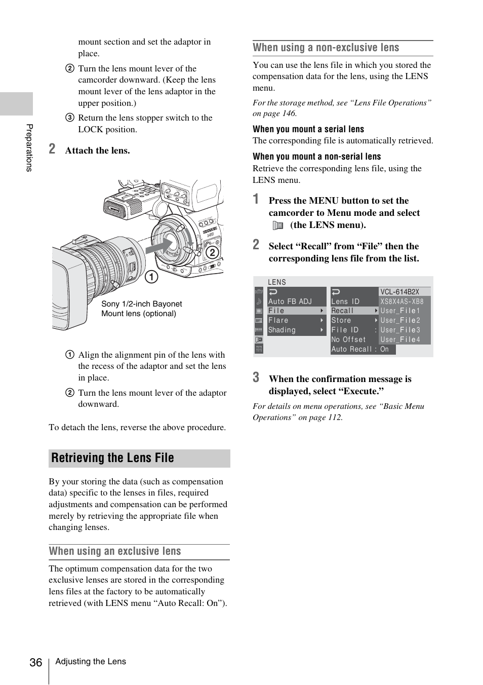 Retrieving the lens file, When using an exclusive lens, When using a non-exclusive lens | Attach the lens, Adjusting the lens, Prepa ra ti ons, Sony 1/2-inch bayonet mount lens (optional) | Sony PMW-EX3 User Manual | Page 36 / 162