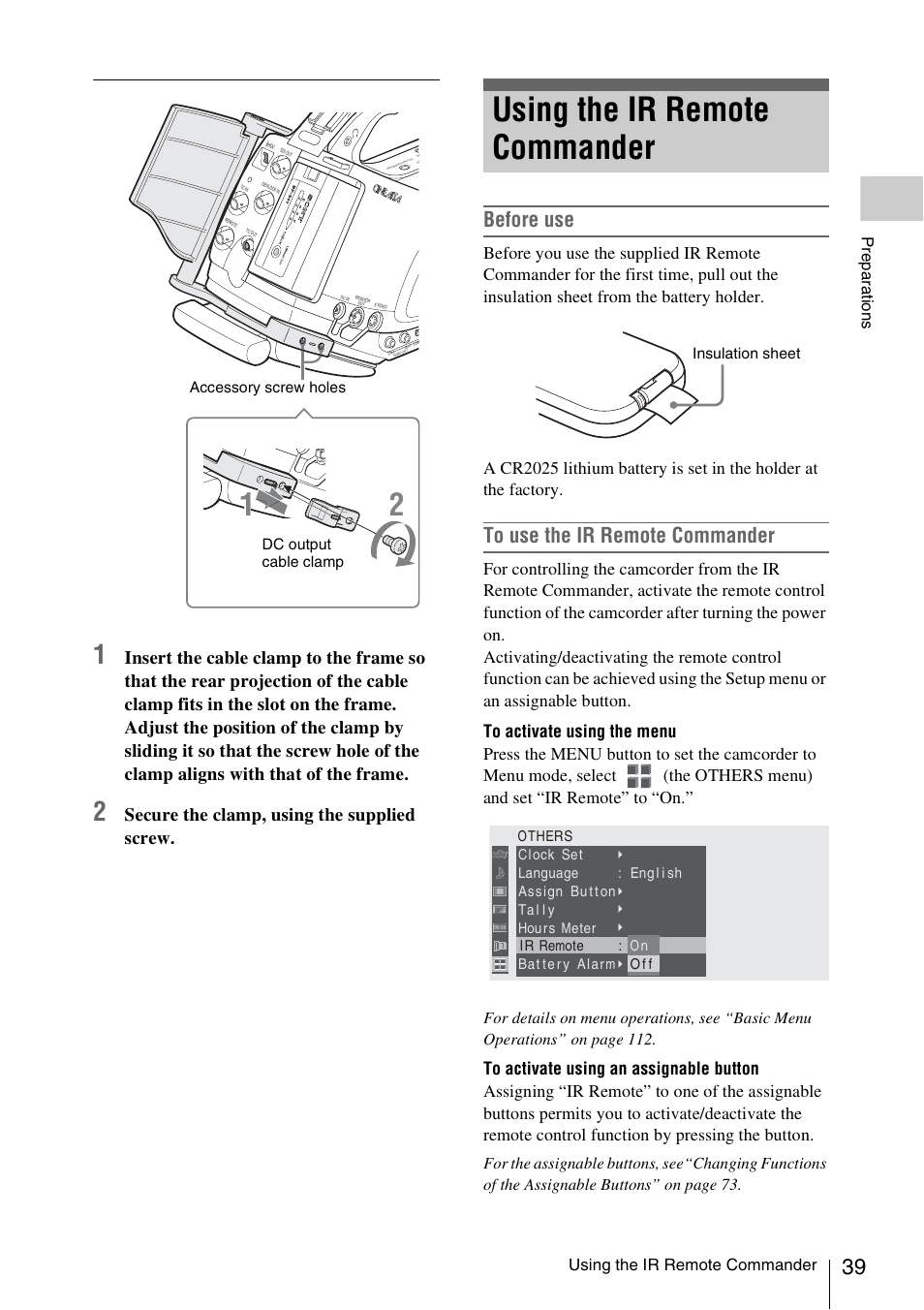 Using the ir remote commander, Before use, Secure the clamp, using the supplied screw | Sony PMW-EX3 User Manual | Page 39 / 162