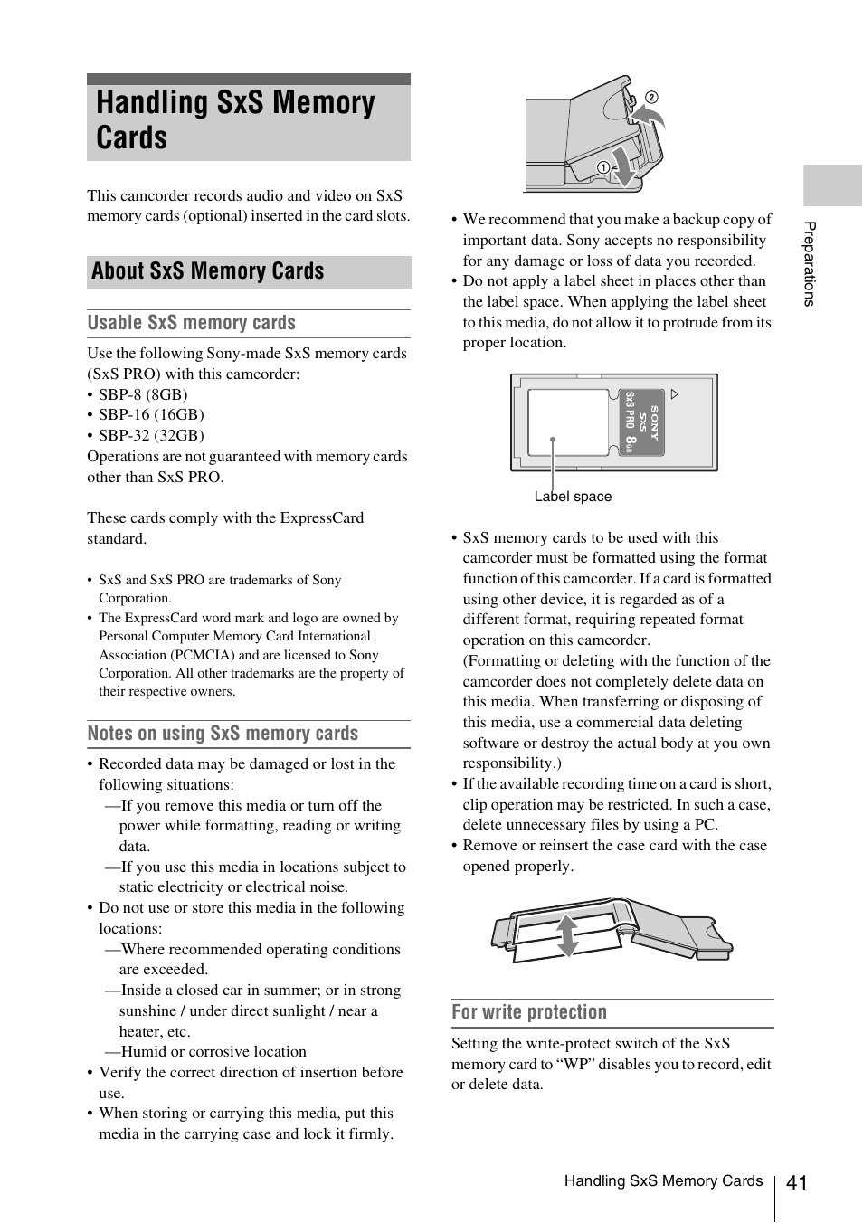 Handling sxs memory cards, About sxs memory cards, For write protection | Sony PMW-EX3 User Manual | Page 41 / 162
