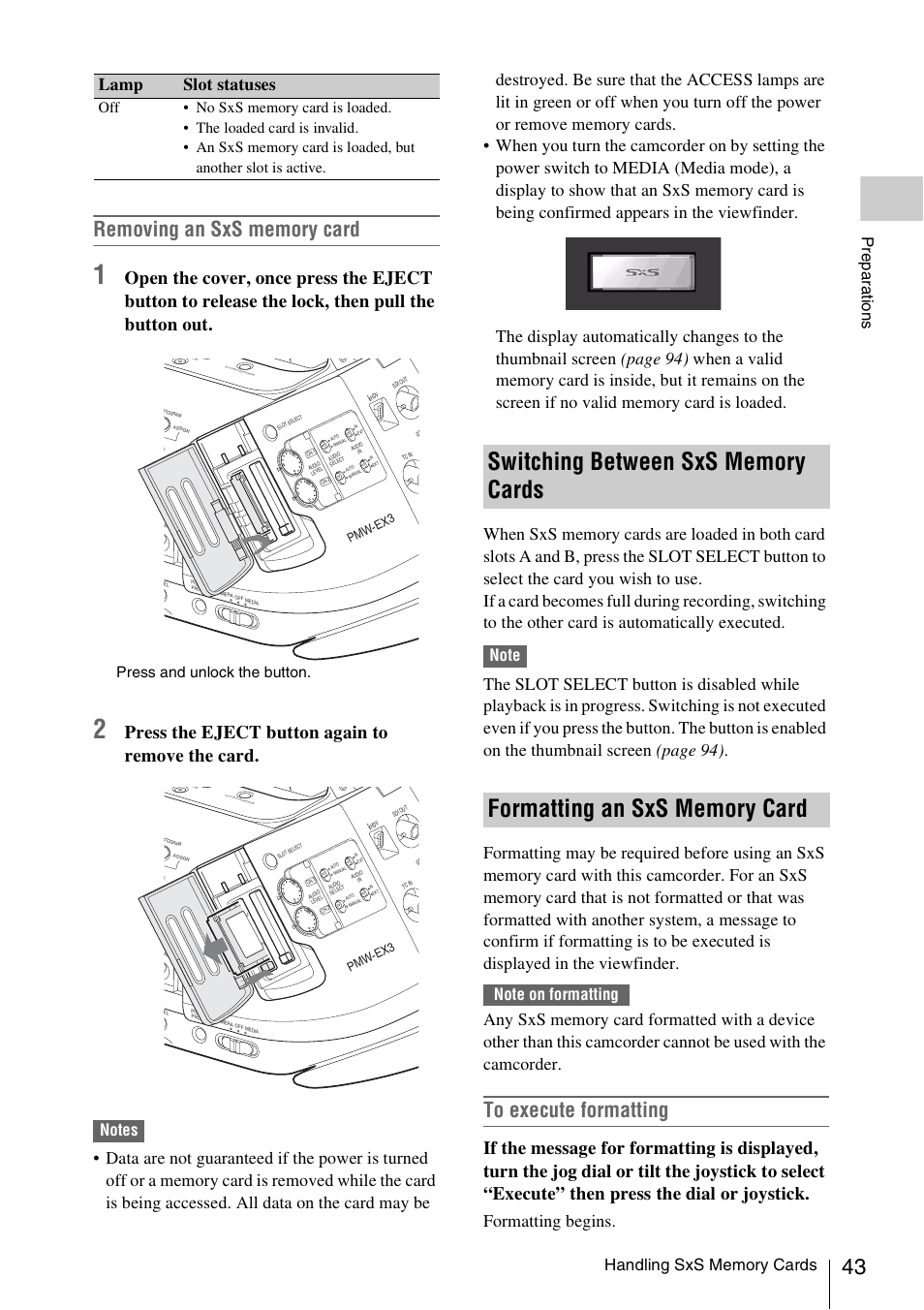 Switching between sxs memory cards, Formatting an sxs memory card, Press the eject button again to remove the card | Formatting begins, Lamp slot statuses, Prepa ra ti ons, Press and unlock the button, Pmw -ex3 | Sony PMW-EX3 User Manual | Page 43 / 162