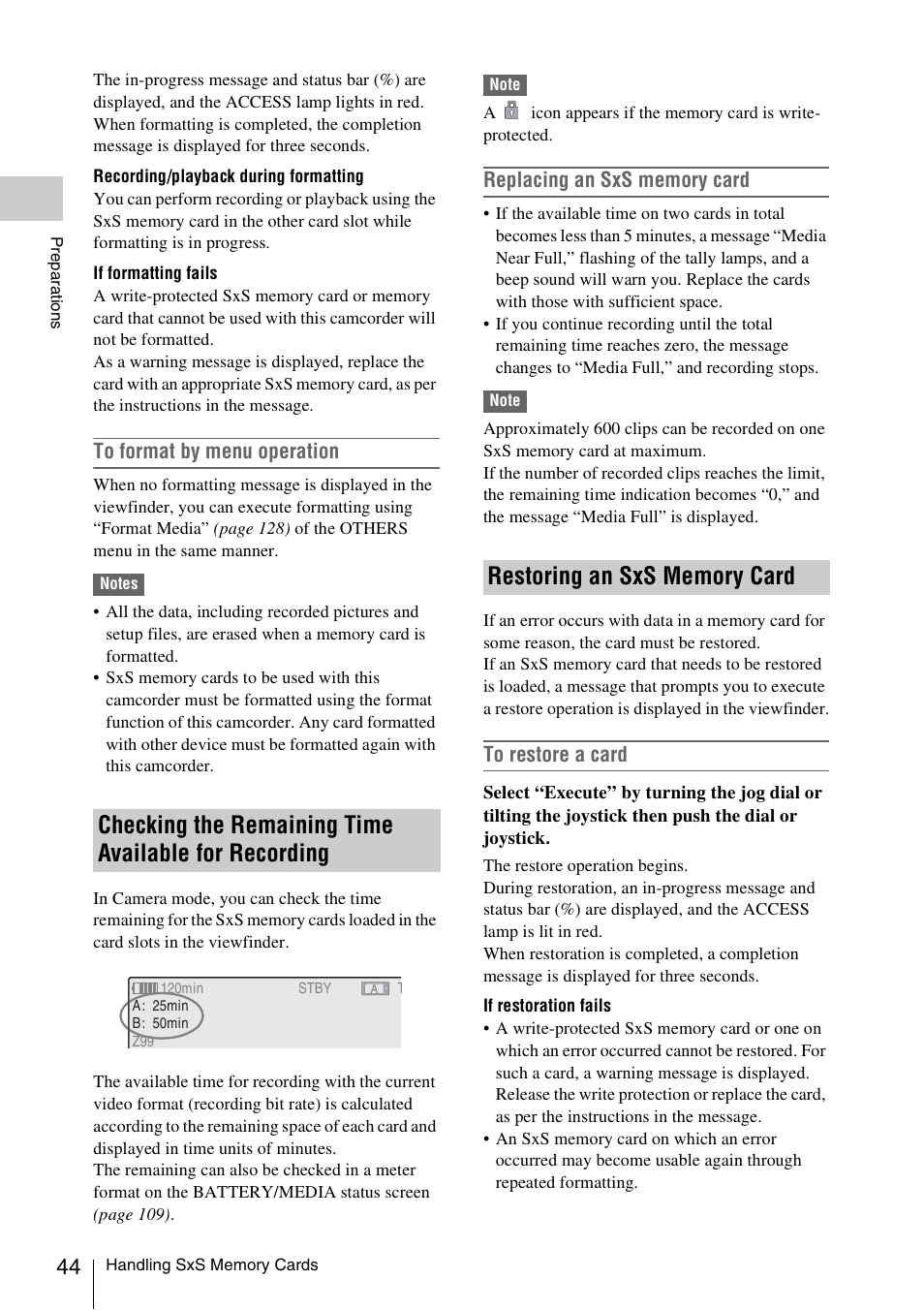 Restoring an sxs memory card, Checking the remaining time available for, Recording | Sony PMW-EX3 User Manual | Page 44 / 162