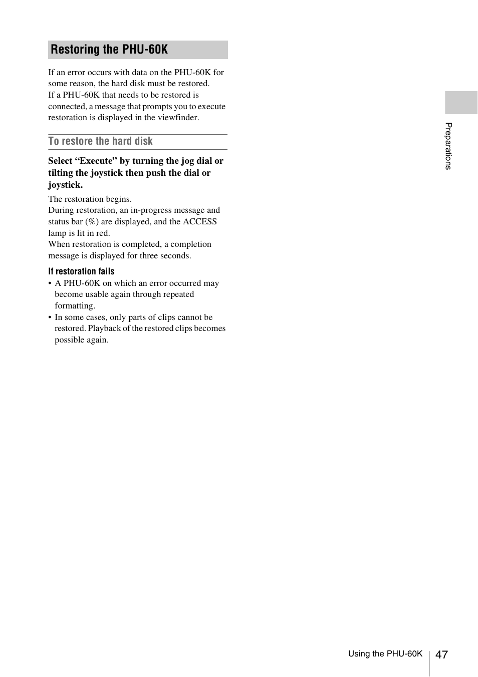 Restoring the phu-60k | Sony PMW-EX3 User Manual | Page 47 / 162