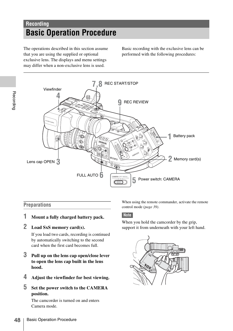 Recording, Basic operation procedure, Preparations | Mount a fully charged battery pack, Adjust the viewfinder for best viewing, Set the power switch to the camera position, The camcorder is turned on and enters camera mode, Record ing, Asho t tran sitio n b tc/u -bit/d urat ion | Sony PMW-EX3 User Manual | Page 48 / 162