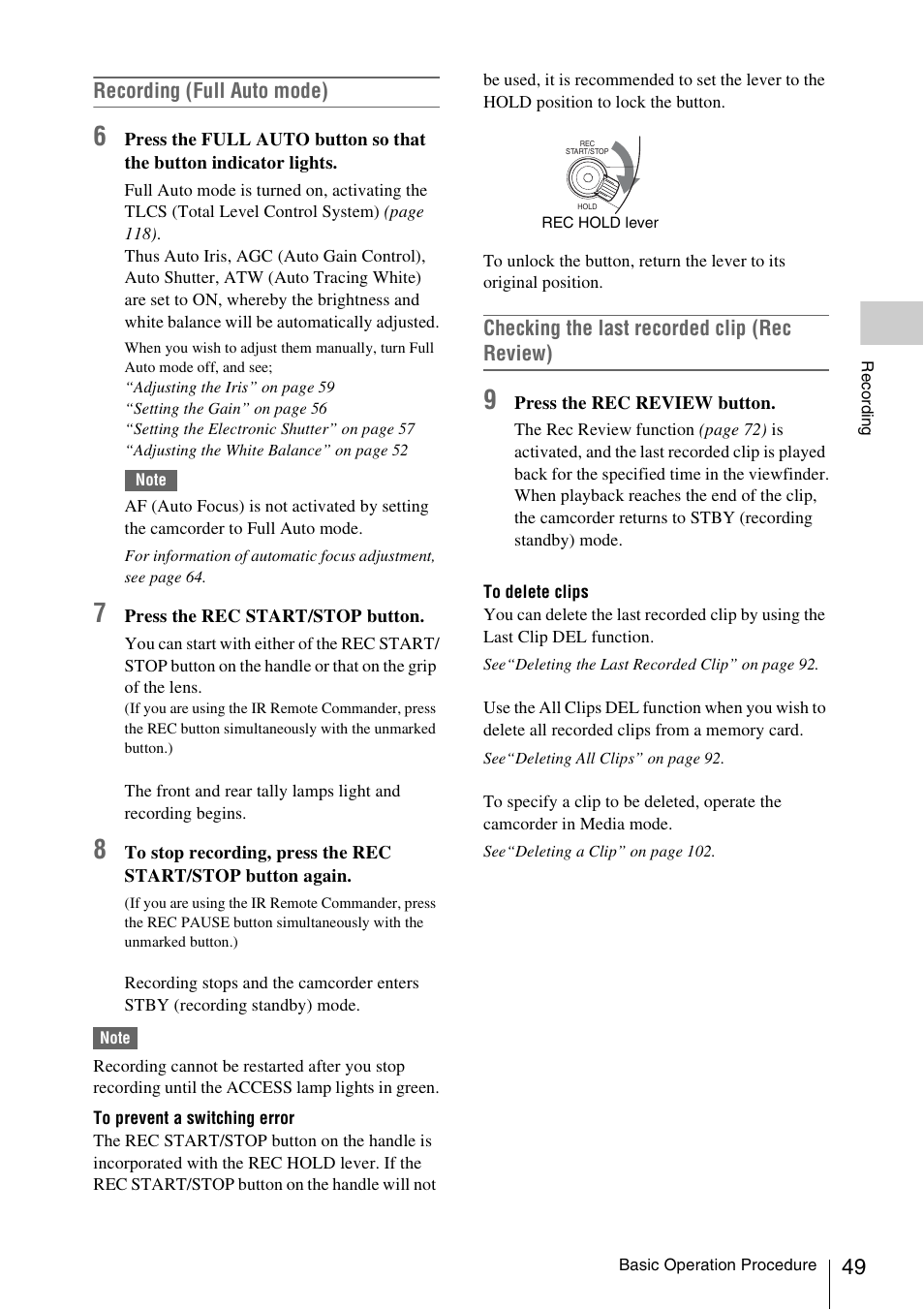 Recording (full auto mode), Checking the last recorded clip (rec review) | Sony PMW-EX3 User Manual | Page 49 / 162