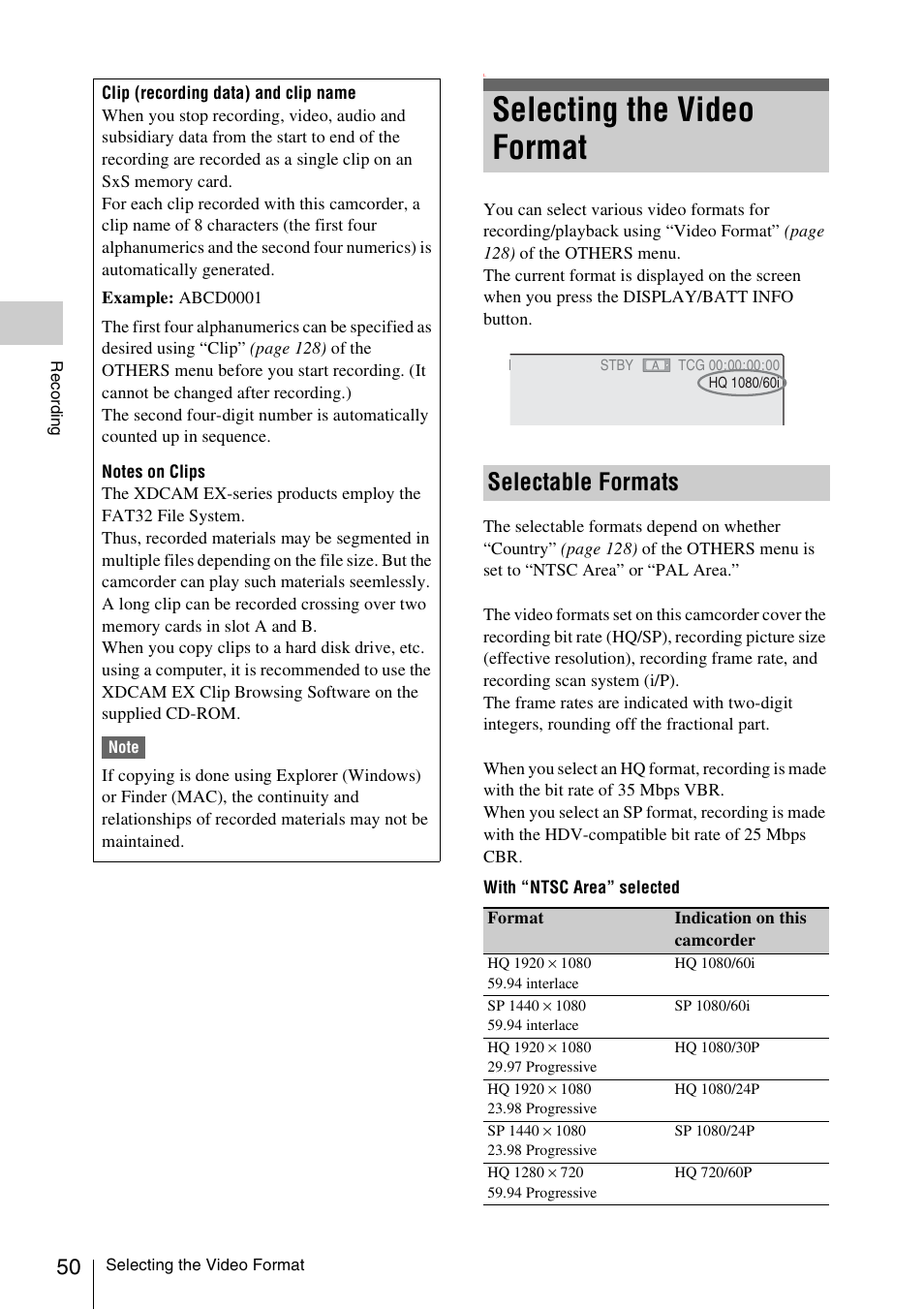 Selecting the video format, Selectable formats | Sony PMW-EX3 User Manual | Page 50 / 162