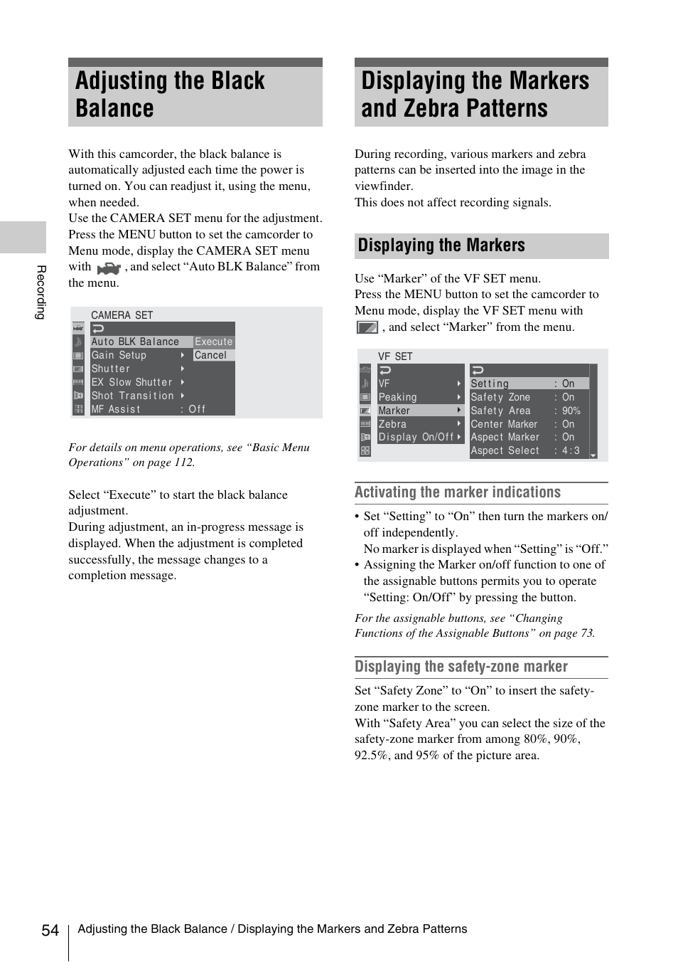 Adjusting the black balance, Displaying the markers and zebra patterns, Displaying the markers | Activating the marker indications, Displaying the safety-zone marker | Sony PMW-EX3 User Manual | Page 54 / 162