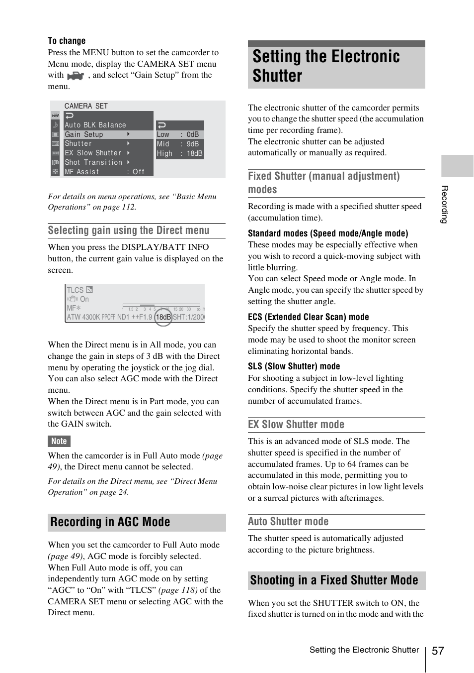 Recording in agc mode, Setting the electronic shutter, Shooting in a fixed shutter mode | Selecting gain using the direct menu, Fixed shutter (manual adjustment) modes, Ex slow shutter mode, Auto shutter mode | Sony PMW-EX3 User Manual | Page 57 / 162