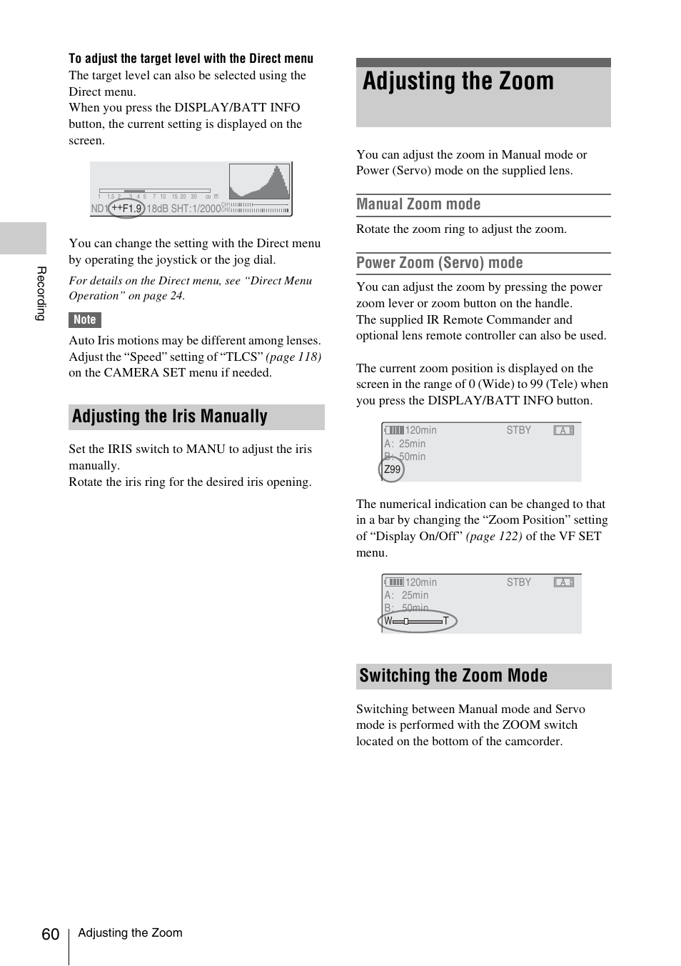 Adjusting the iris manually, Adjusting the zoom, Switching the zoom mode | Manual zoom mode, Power zoom (servo) mode | Sony PMW-EX3 User Manual | Page 60 / 162