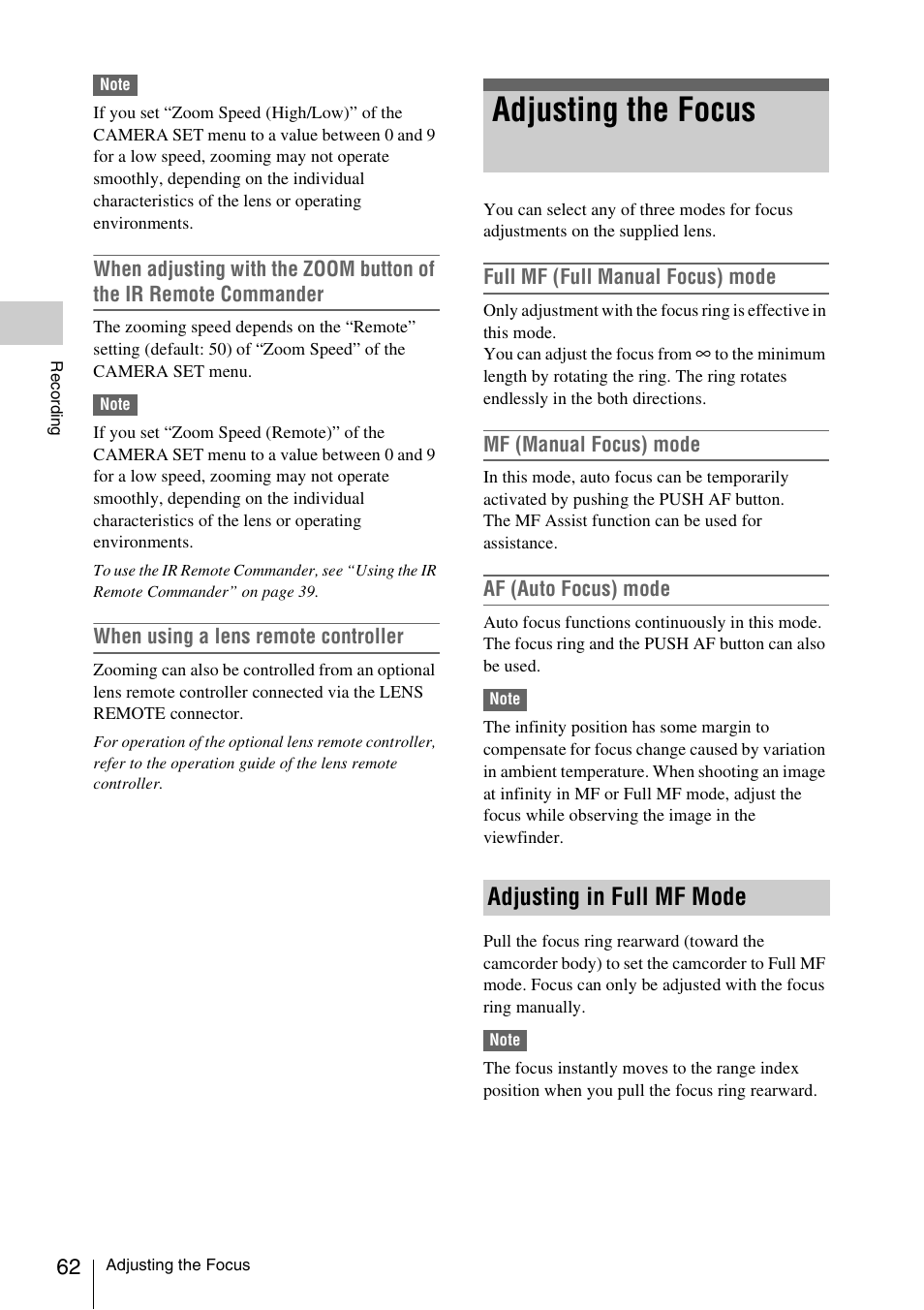Adjusting the focus, Adjusting in full mf mode | Sony PMW-EX3 User Manual | Page 62 / 162