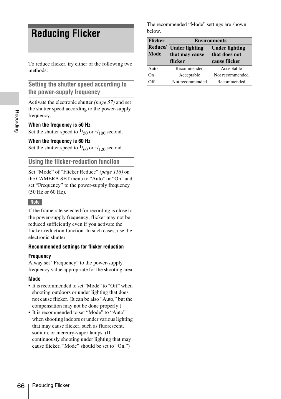 Reducing flicker, Using the flicker-reduction function | Sony PMW-EX3 User Manual | Page 66 / 162