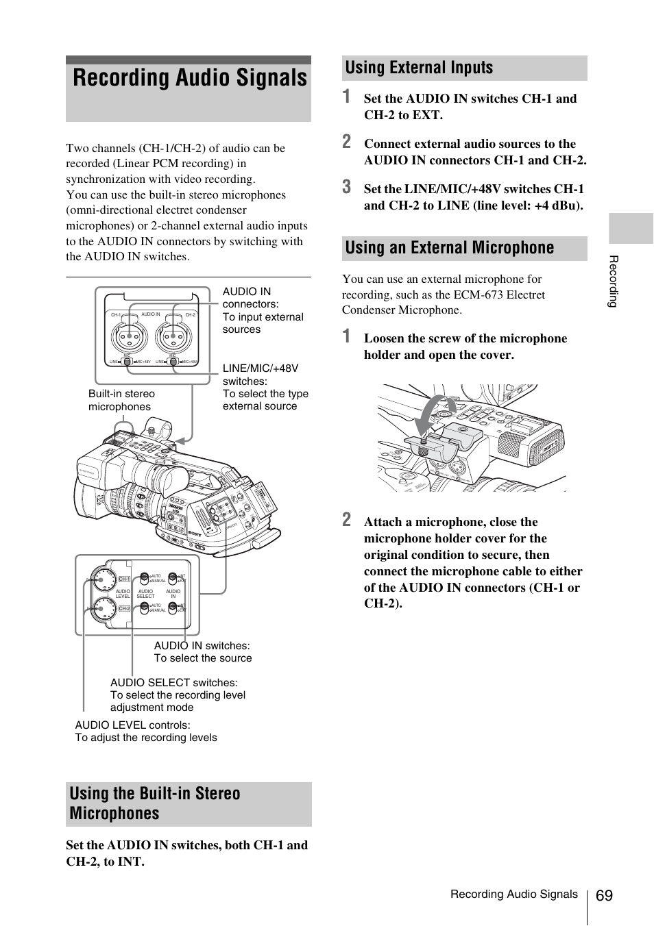 Recording audio signals, Using the built-in stereo microphones, Using external inputs | Using an external microphone, Using external inputs using an external microphone, Set the audio in switches ch-1 and ch-2 to ext, Record ing, Off on, Off 2 1, Ls l j g/s j monit or vo l | Sony PMW-EX3 User Manual | Page 69 / 162