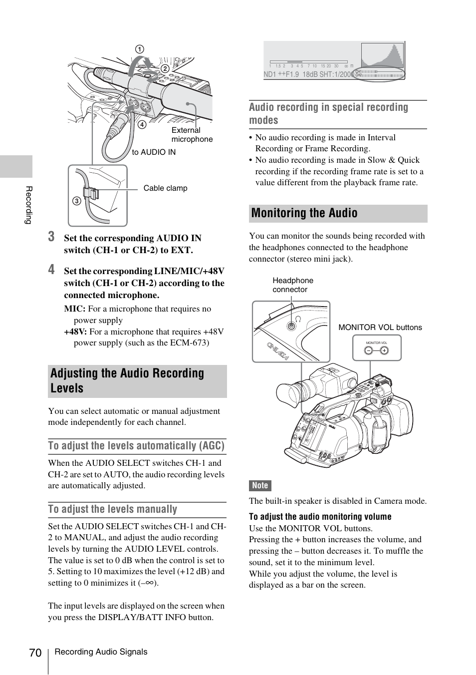 Adjusting the audio recording levels, Monitoring the audio, Audio recording in special recording modes | Recording audio signals, Record ing, External microphone to audio in cable clamp, Headphone connector monitor vol buttons, Tc /u -b it /d ur a t io n, Com pon ent out, Aud io o ut ch- 1 ch- 2 | Sony PMW-EX3 User Manual | Page 70 / 162