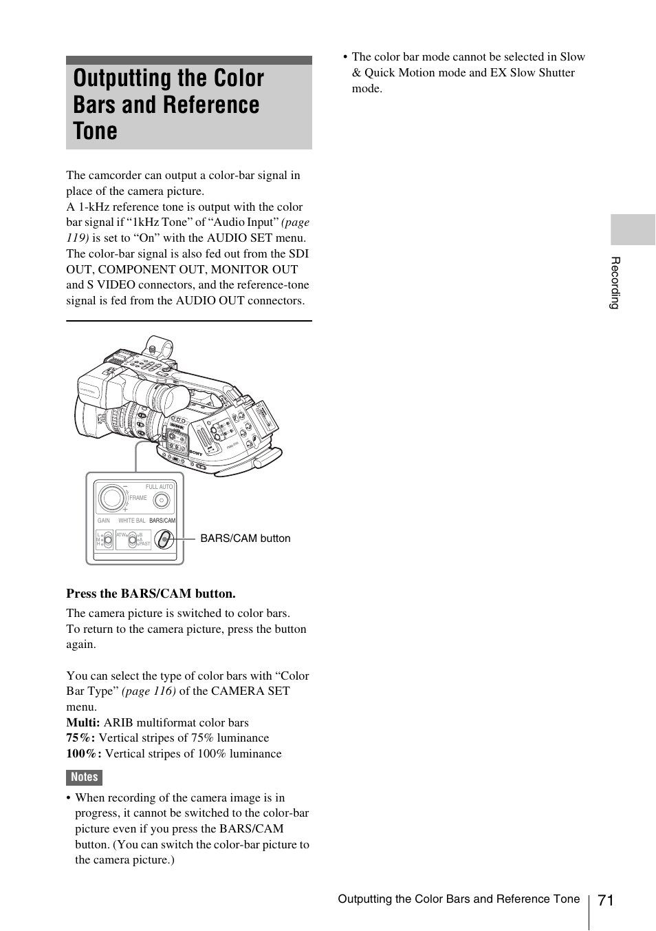 Outputting the color bars and reference tone, Press the bars/cam button, Record ing | Bars/cam button | Sony PMW-EX3 User Manual | Page 71 / 162