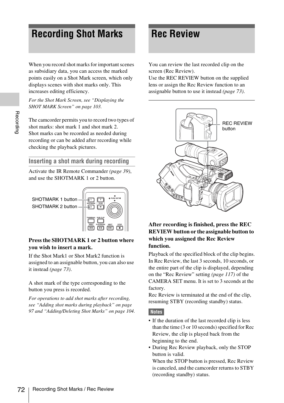 Recording shot marks, Rec review, Inserting a shot mark during recording | Recording shot marks / rec review, Record ing | Sony PMW-EX3 User Manual | Page 72 / 162