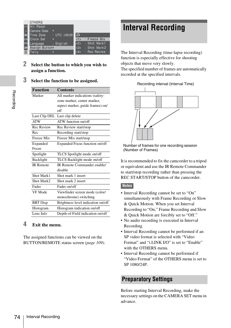 Interval recording, Preparatory settings | Sony PMW-EX3 User Manual | Page 74 / 162